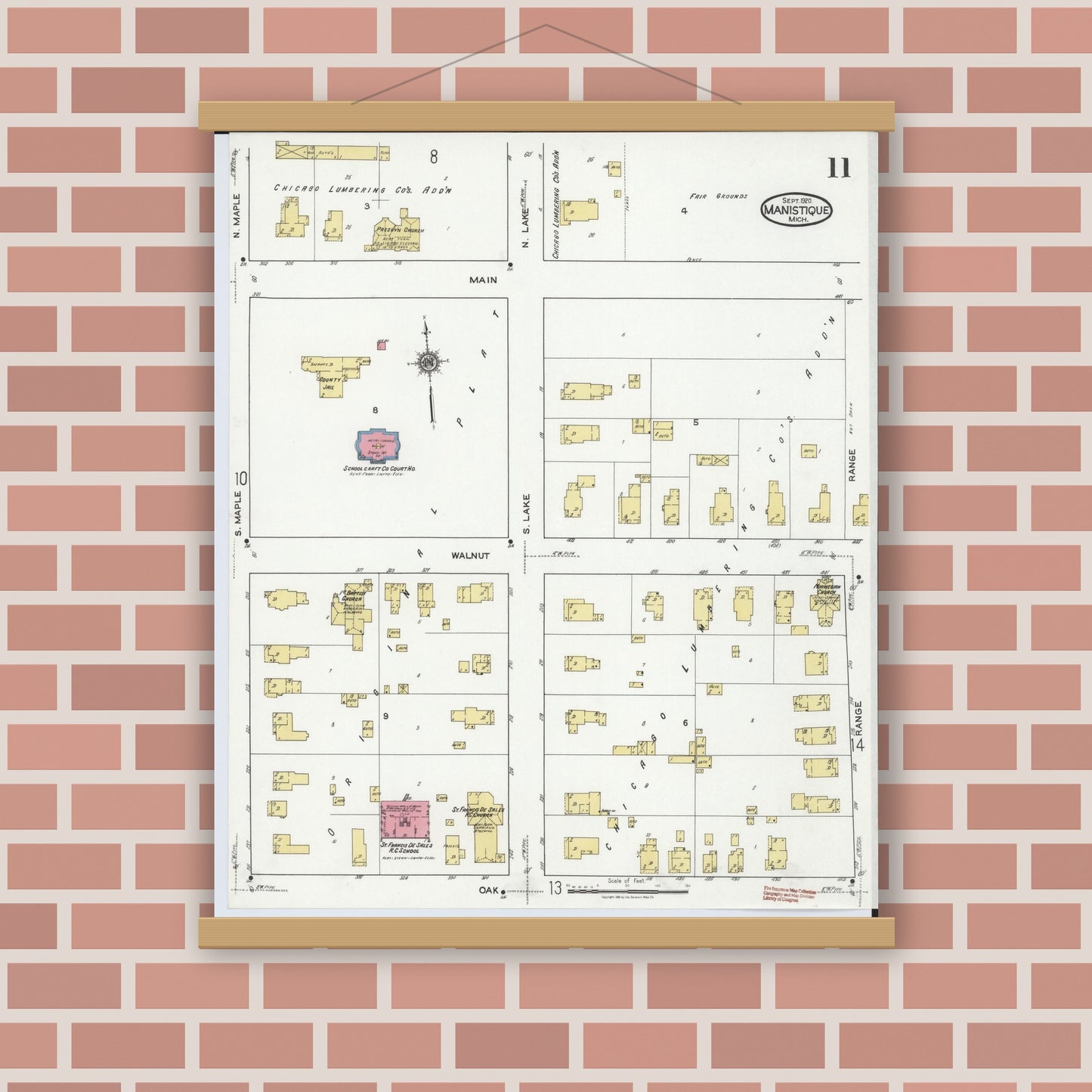 Old map wall art mockup — magnetic wood frame on brick wall — Sanborn Fire Insurance Map from Manistique, Schoolcraft County, Michigan (1920), Sheet #0011