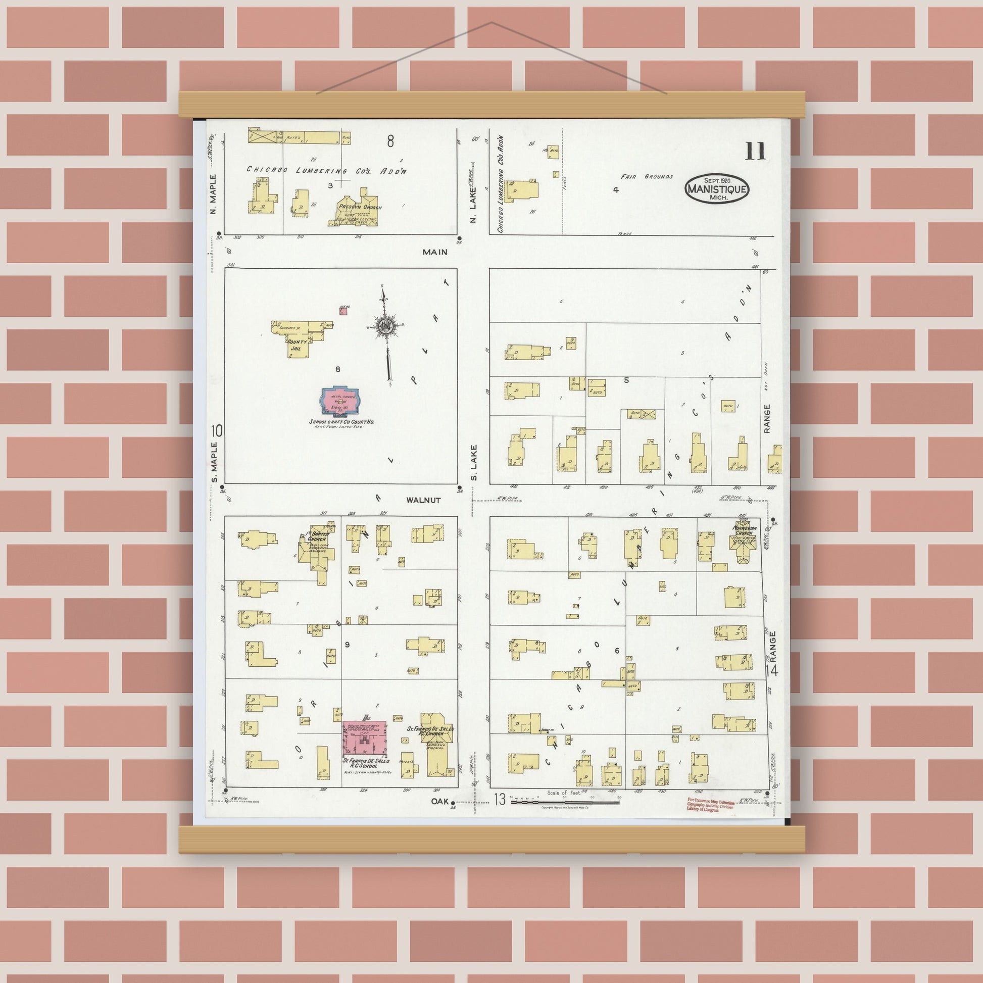 Old map wall art mockup — magnetic wood frame on brick wall — Sanborn Fire Insurance Map from Manistique, Schoolcraft County, Michigan (1920), Sheet #0011