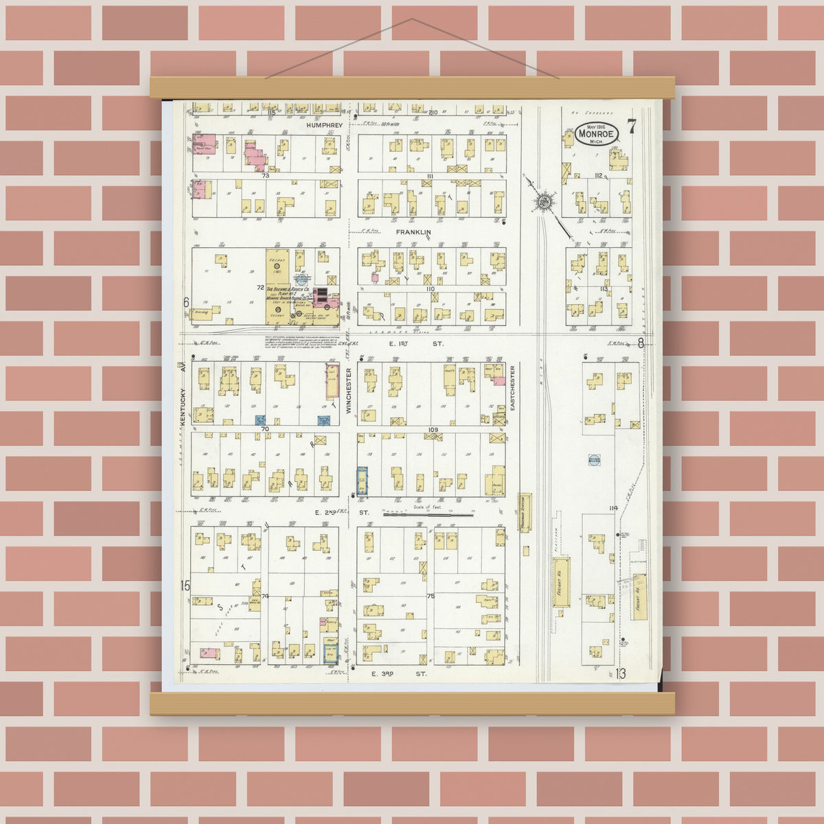 Old map wall art mockup — magnetic wood frame on brick wall — Sanborn Fire Insurance Map from Monroe, Monroe County, Michigan (1916), Sheet #0007