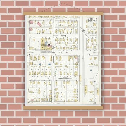 Old map wall art mockup — magnetic wood frame on brick wall — Sanborn Fire Insurance Map from Monroe, Monroe County, Michigan (1916), Sheet #0007