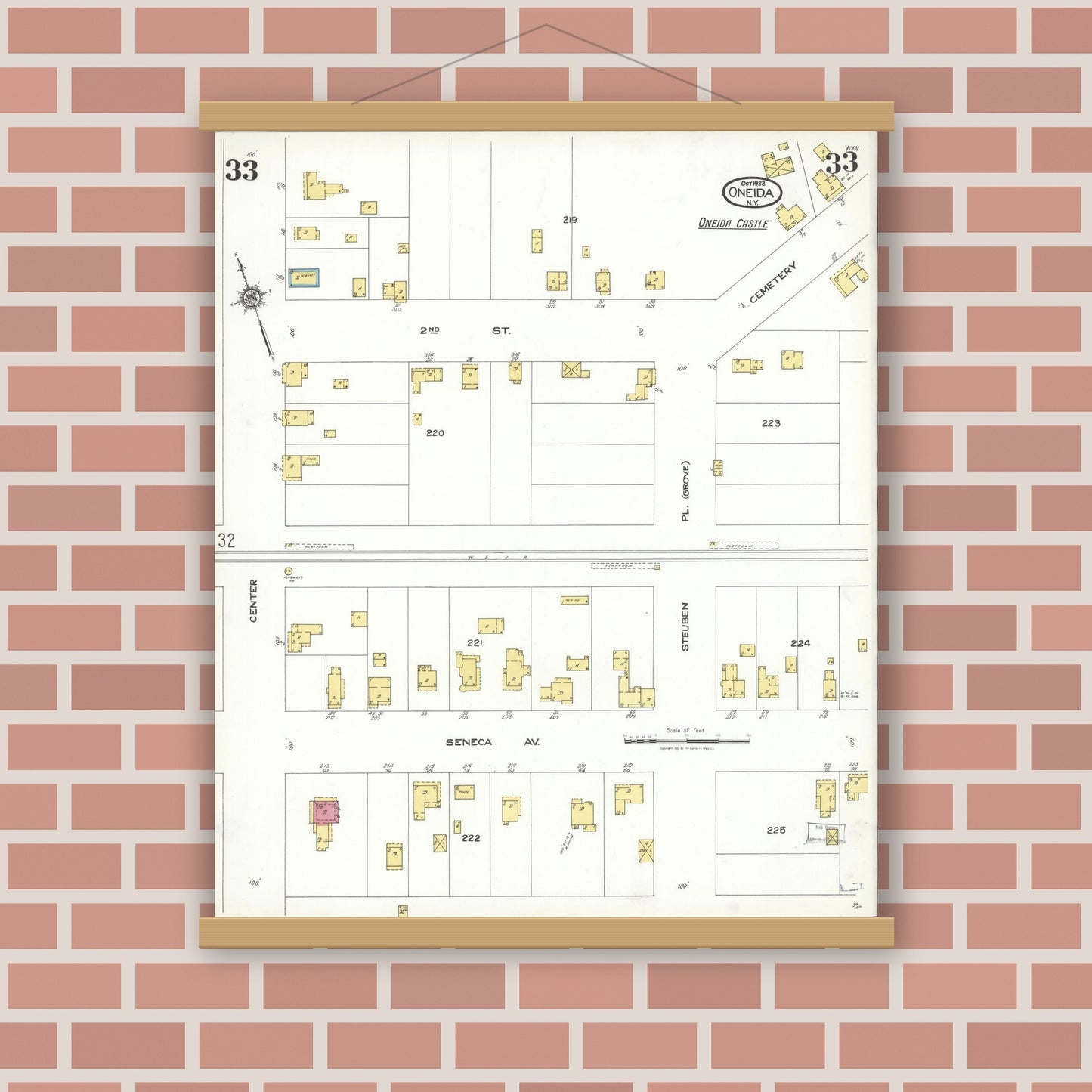 Old map wall art mockup — magnetic wood frame on brick wall — Sanborn Fire Insurance Map from Oneida, Madison County, New York (1923), Sheet #0033