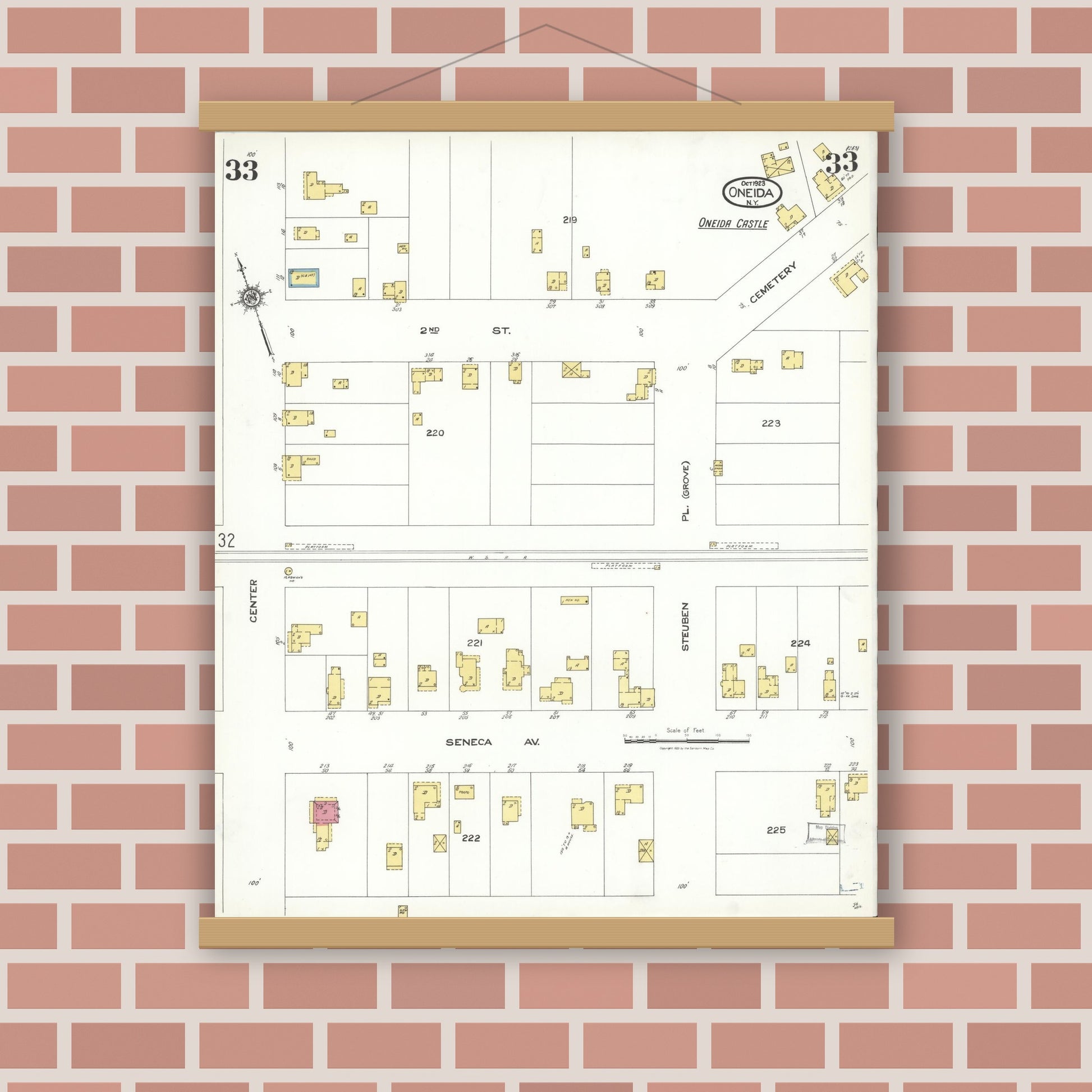 Old map wall art mockup — magnetic wood frame on brick wall — Sanborn Fire Insurance Map from Oneida, Madison County, New York (1923), Sheet #0033