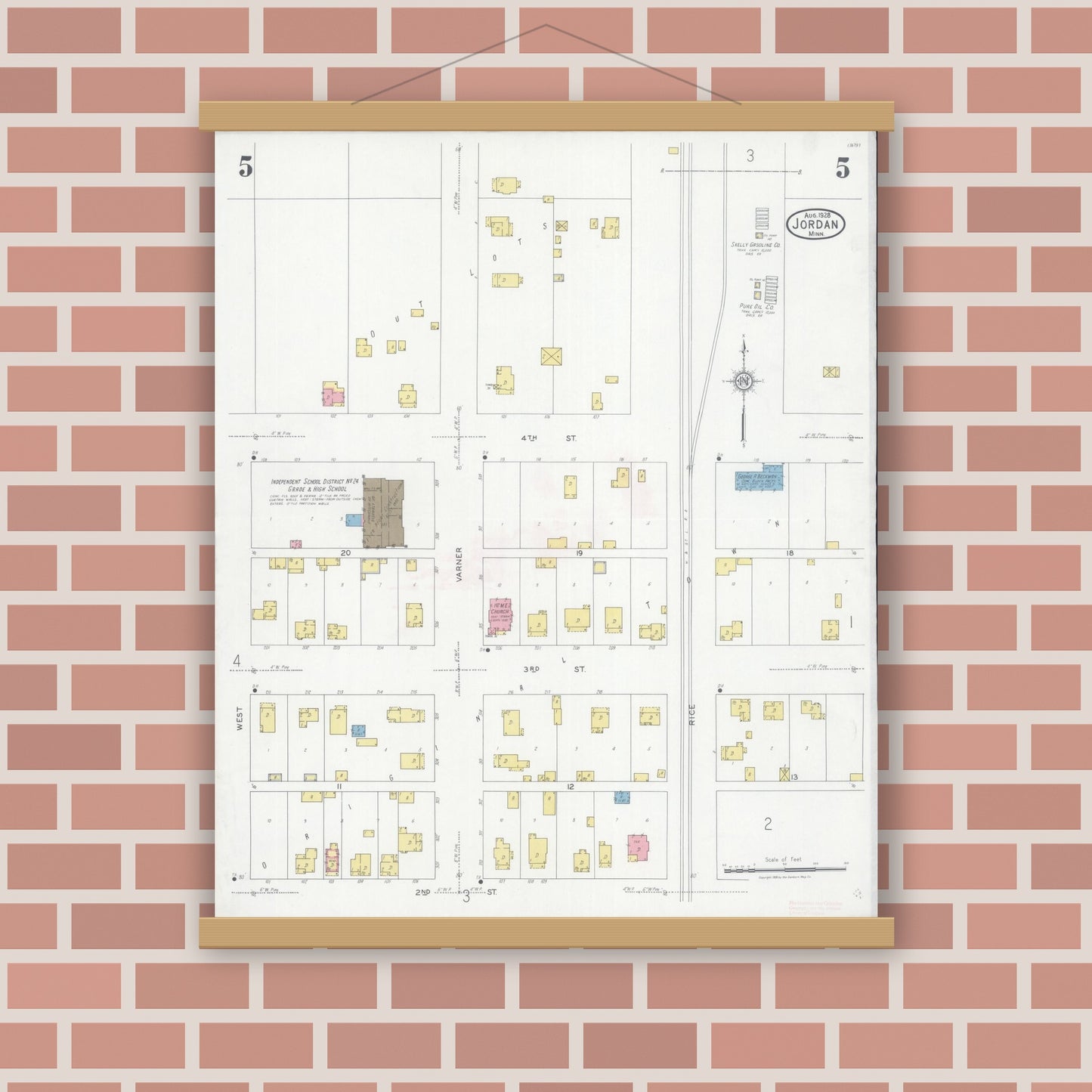 Old map wall art mockup — magnetic wood frame on brick wall — Sanborn Fire Insurance Map from Jordan, Scott County, Minnesota (1928), Sheet #0005