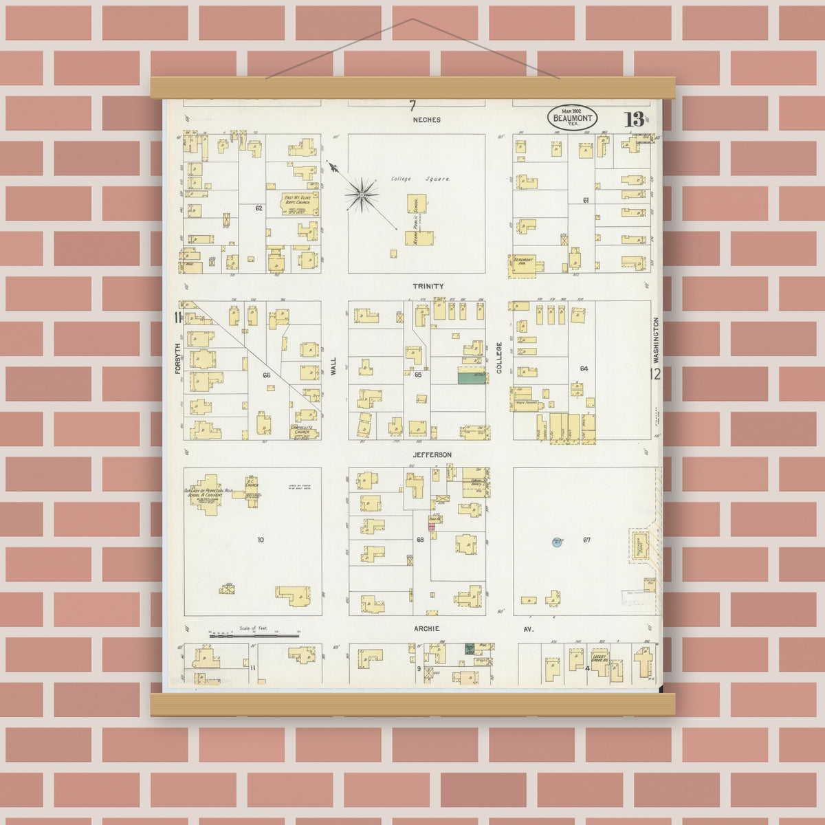 Old map wall art mockup — magnetic wood frame on brick wall — Sanborn Fire Insurance Map from Beaumont, Jefferson County, Texas (1902), Sheet #0013