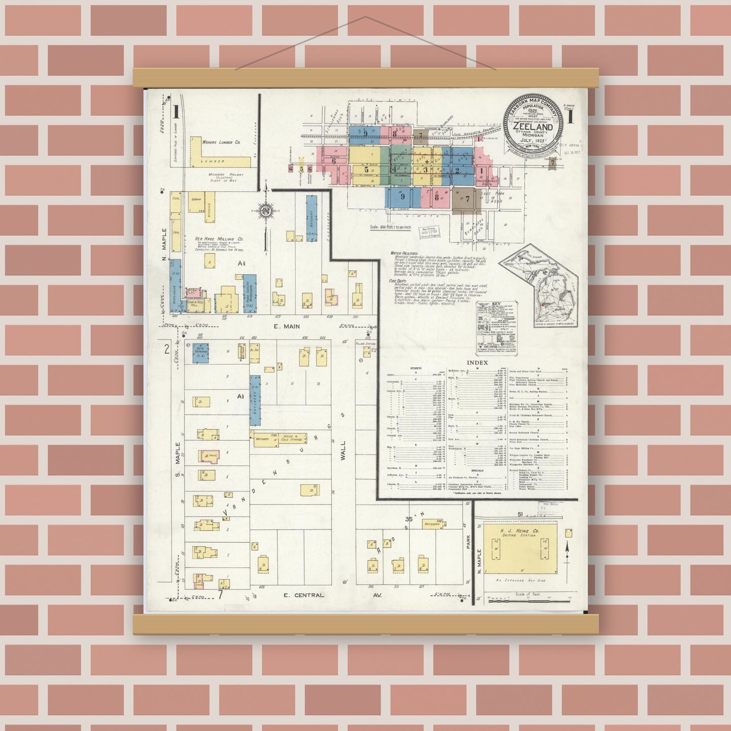 Old map wall art mockup — magnetic wood frame on brick wall — Sanborn Fire Insurance Map from Zeeland, Ottawa County, Michigan (1923), Sheet #0001