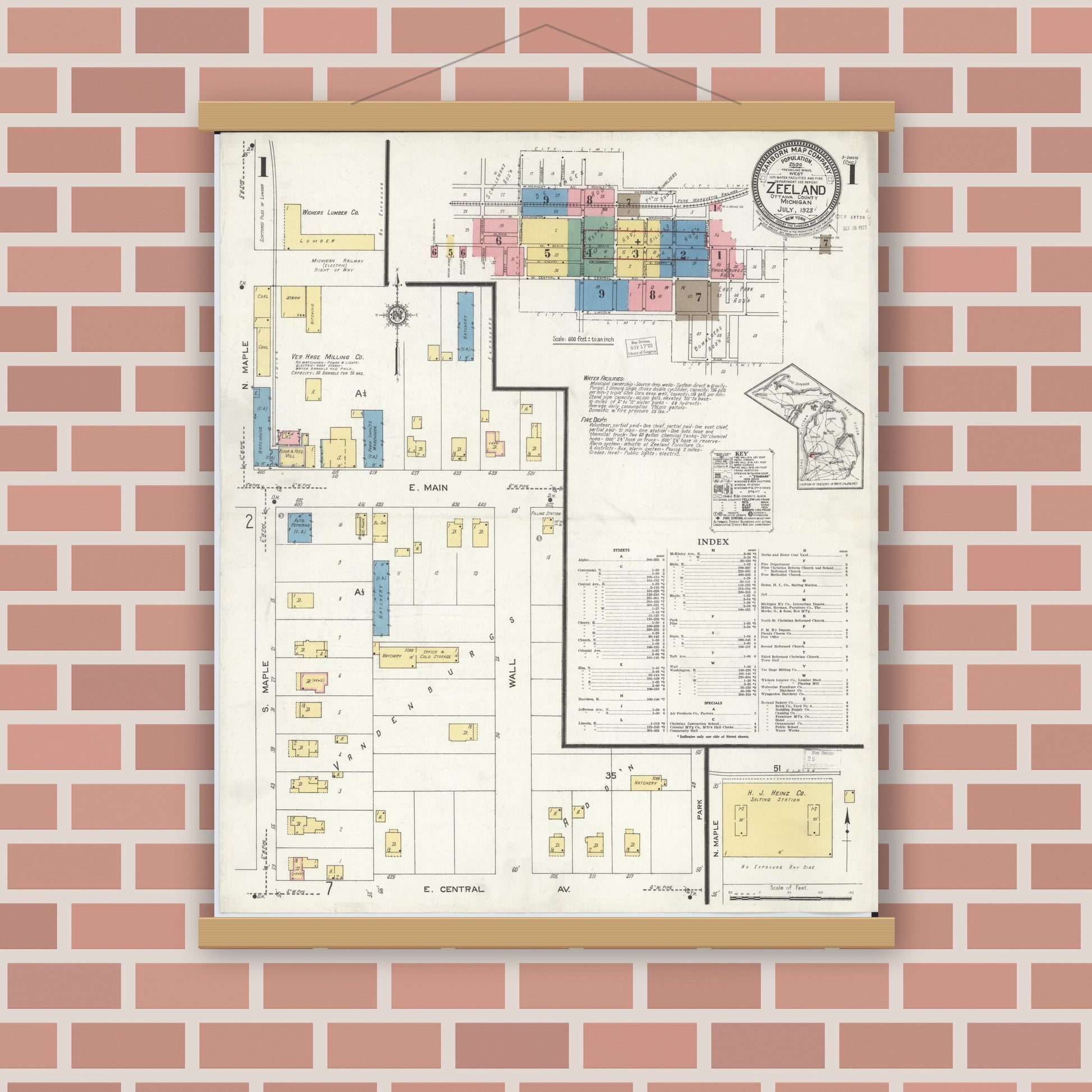 Old map wall art mockup — magnetic wood frame on brick wall — Sanborn Fire Insurance Map from Zeeland, Ottawa County, Michigan (1923), Sheet #0001