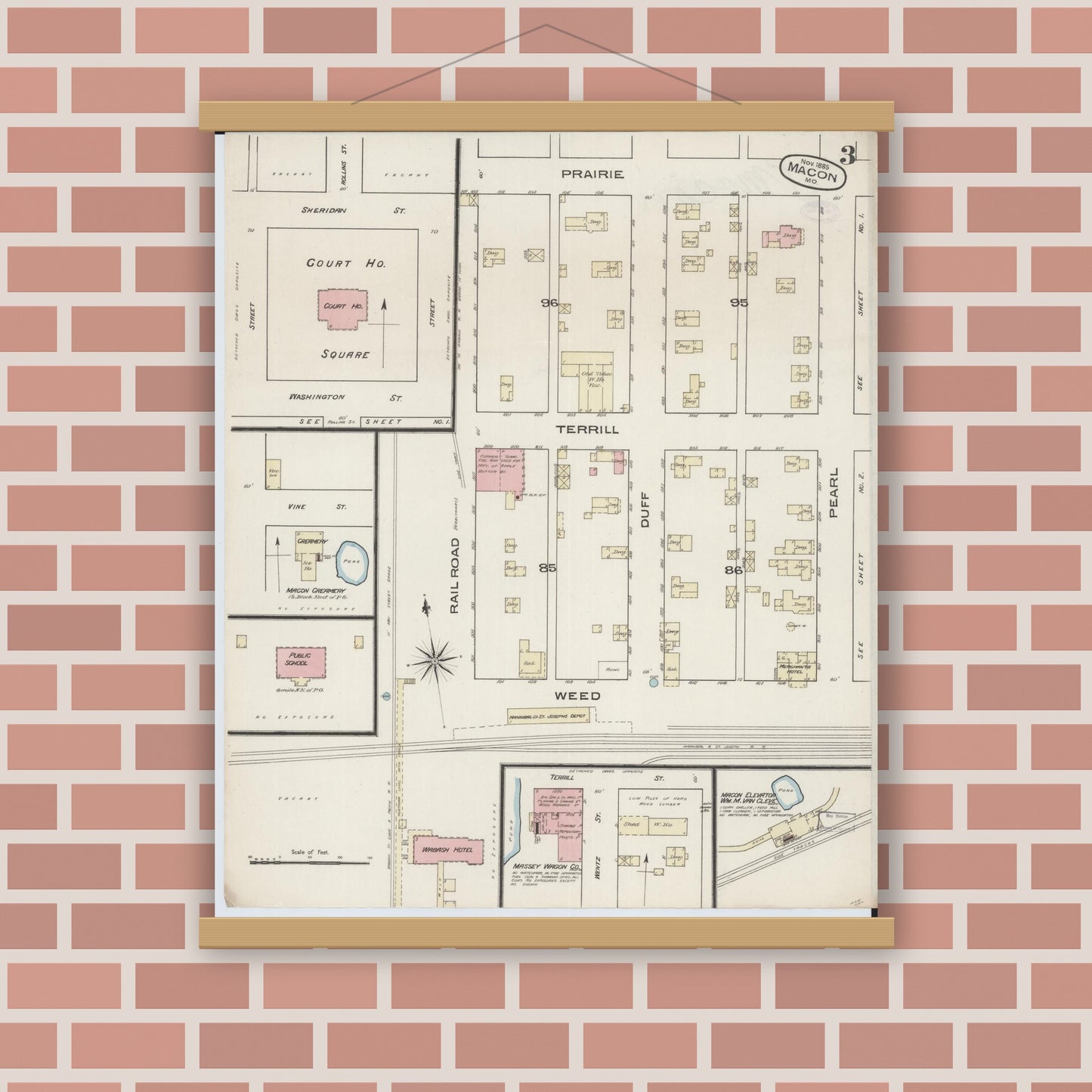 Old map wall art mockup — magnetic wood frame on brick wall — Sanborn Fire Insurance Map from Macon, Macon County, Missouri (1885), Sheet #0003
