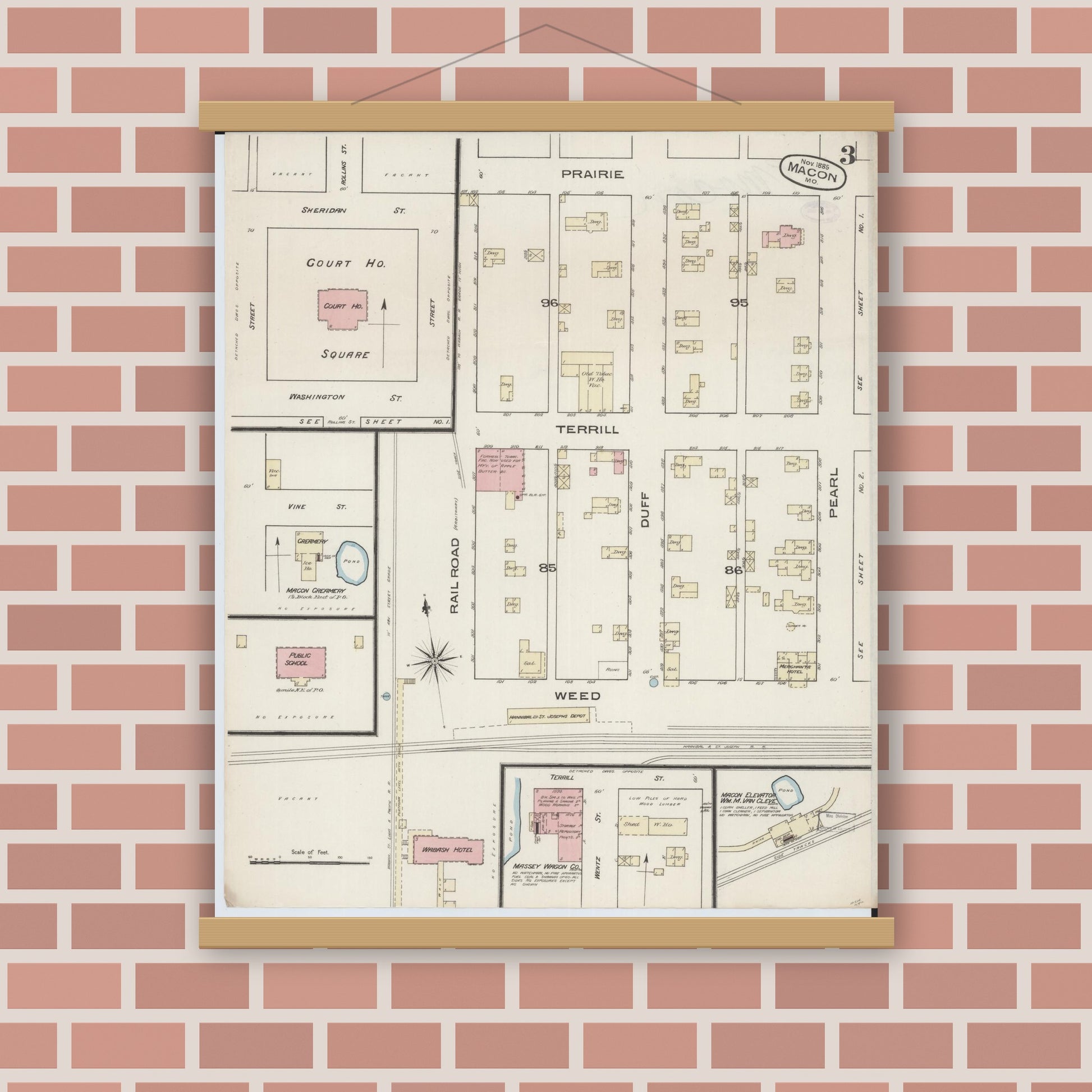 Old map wall art mockup — magnetic wood frame on brick wall — Sanborn Fire Insurance Map from Macon, Macon County, Missouri (1885), Sheet #0003