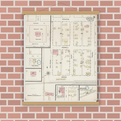 Old map wall art mockup — magnetic wood frame on brick wall — Sanborn Fire Insurance Map from Macon, Macon County, Missouri (1885), Sheet #0003