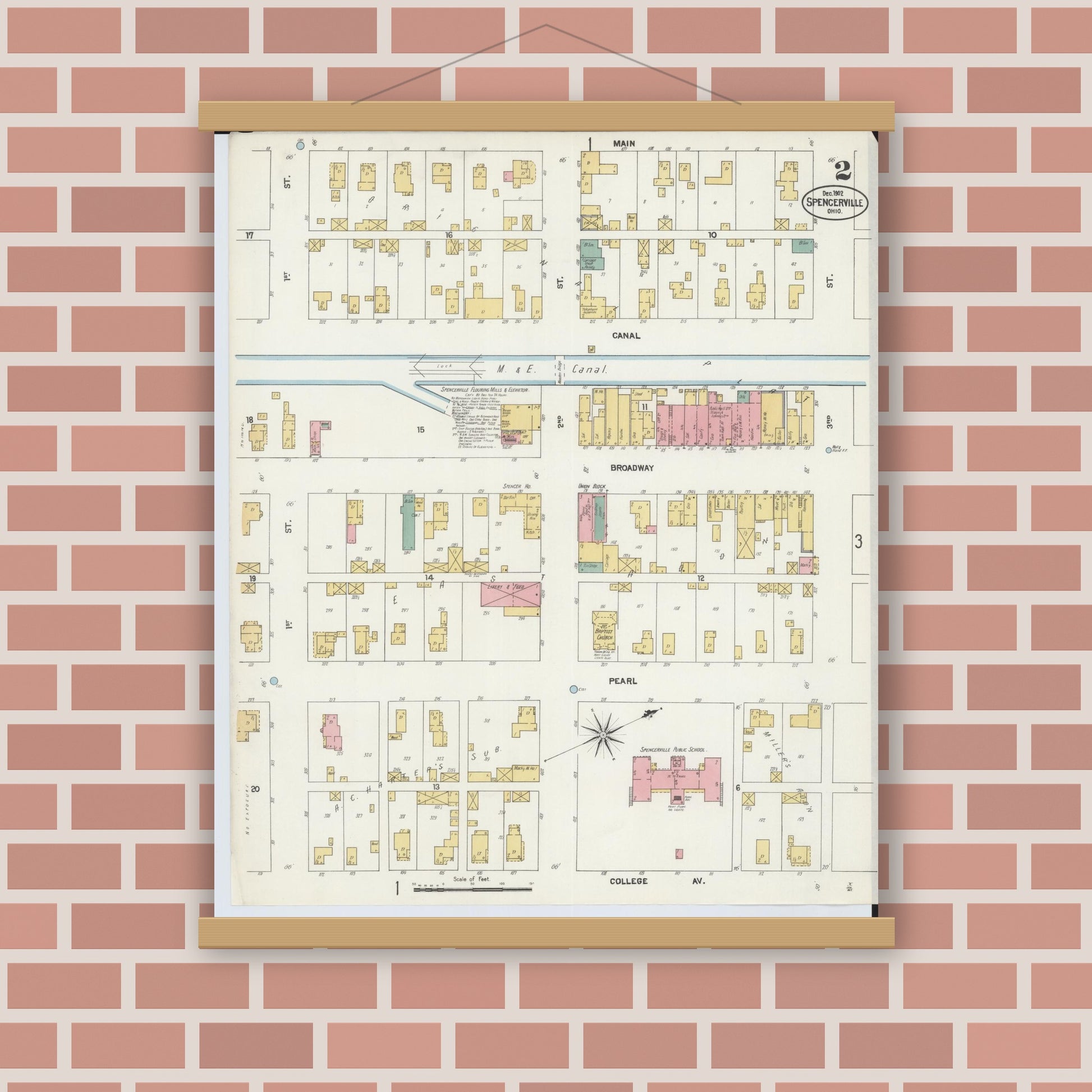 Old map wall art mockup — magnetic wood frame on brick wall — Sanborn Fire Insurance Map from Spencerville, Allen County, Ohio (1902), Sheet #0002