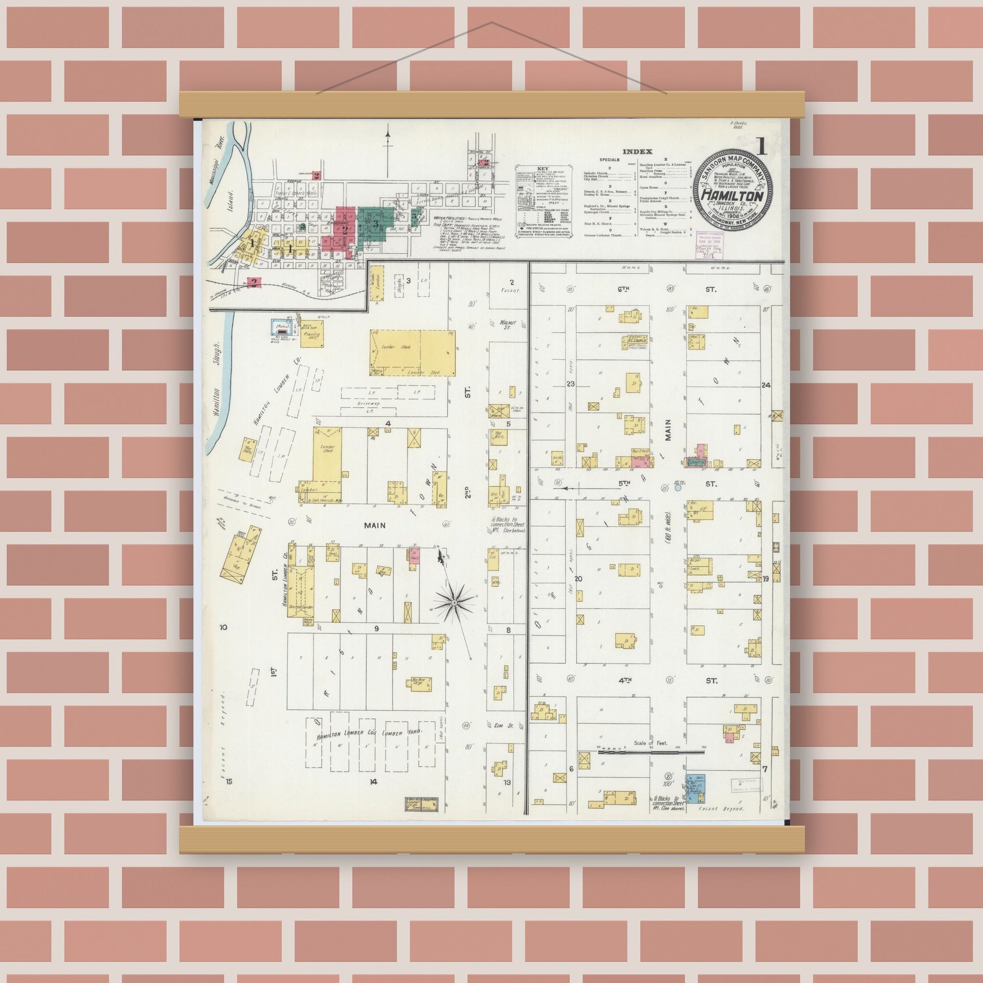 Old map wall art mockup — magnetic wood frame on brick wall — Sanborn Fire Insurance Map from Hamilton, Hancock County, Illinois (1906), Sheet #0001