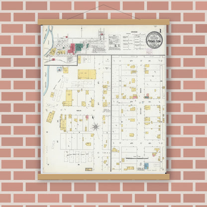 Old map wall art mockup — magnetic wood frame on brick wall — Sanborn Fire Insurance Map from Hamilton, Hancock County, Illinois (1906), Sheet #0001