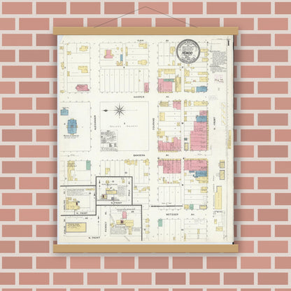 Old map wall art mockup — magnetic wood frame on brick wall — Sanborn Fire Insurance Map from Hondo, Medina County, Texas (1909), Sheet #0001