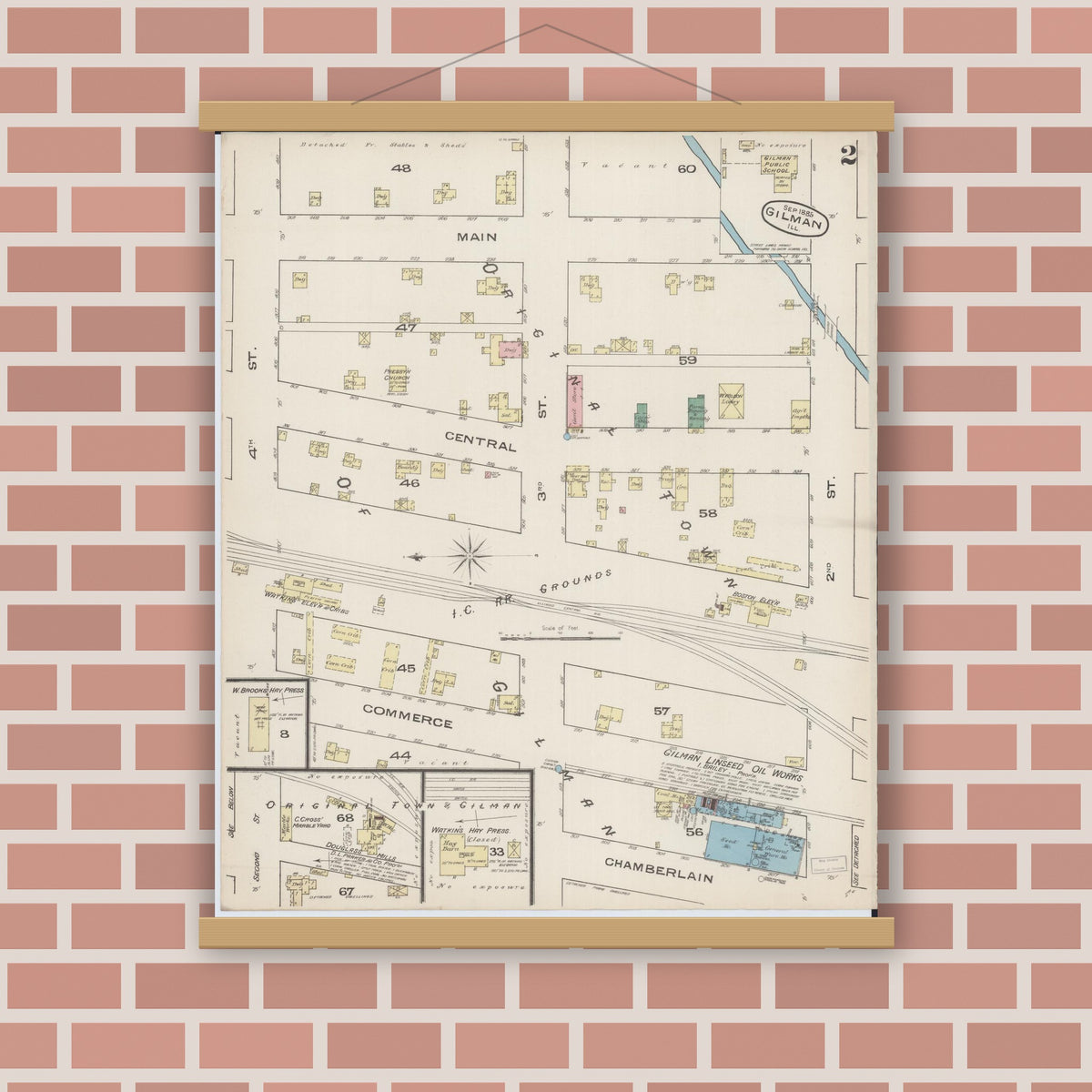Old map wall art mockup — magnetic wood frame on brick wall — Sanborn Fire Insurance Map from Gilman, Iroquois County, Illinois (1885), Sheet #0002