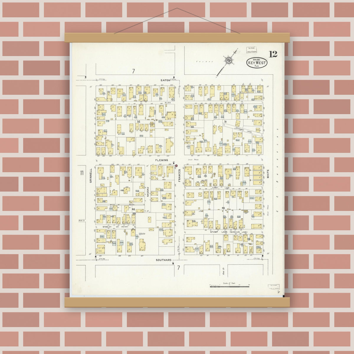 Old map wall art mockup — magnetic wood frame on brick wall — Sanborn Fire Insurance Map from Key West, Monroe County, Florida (1912), Sheet #0012