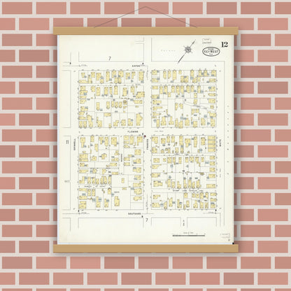 Old map wall art mockup — magnetic wood frame on brick wall — Sanborn Fire Insurance Map from Key West, Monroe County, Florida (1912), Sheet #0012