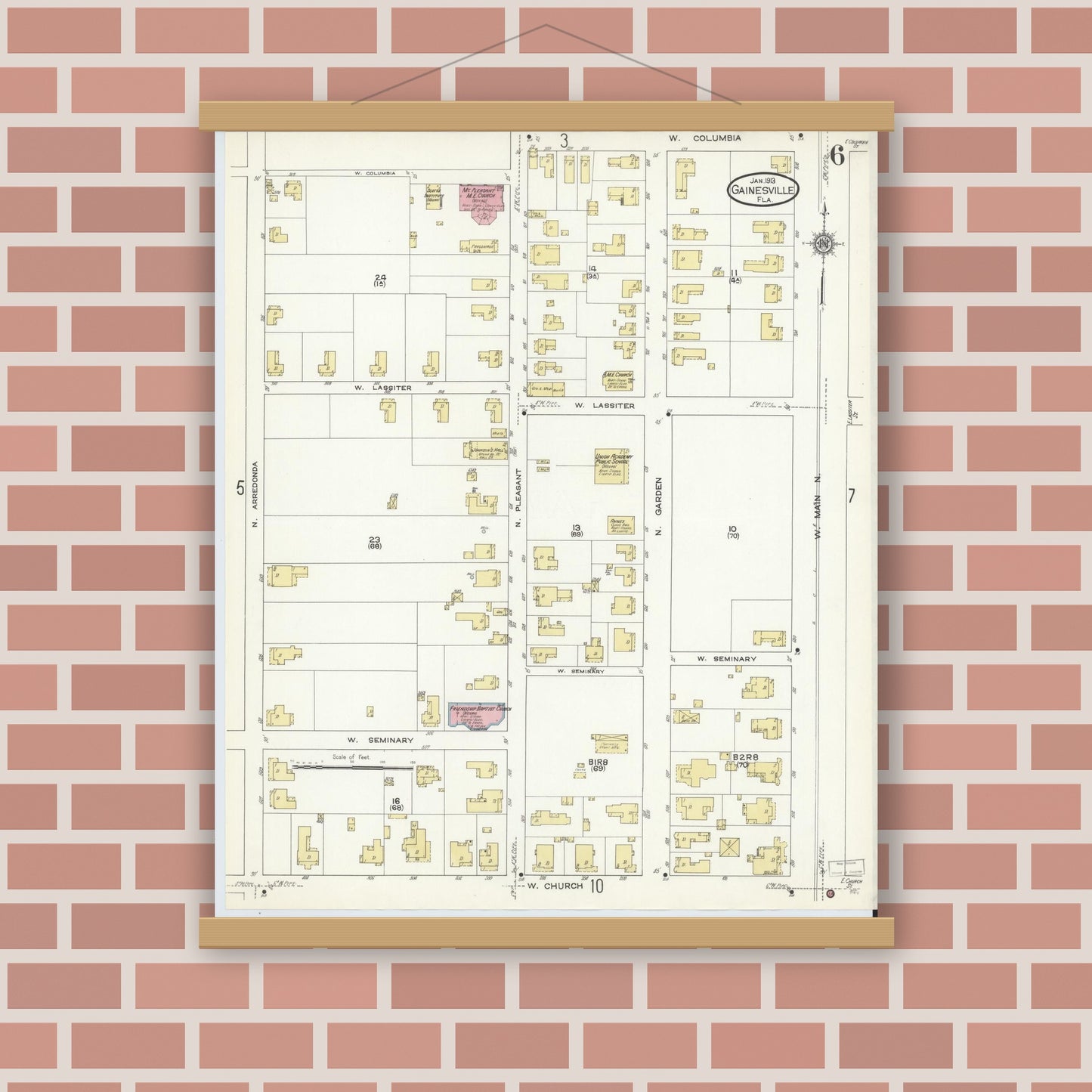 Old map wall art mockup — magnetic wood frame on brick wall — Sanborn Fire Insurance Map from Gainesville, Alachua County, Florida (1913), Sheet #0006
