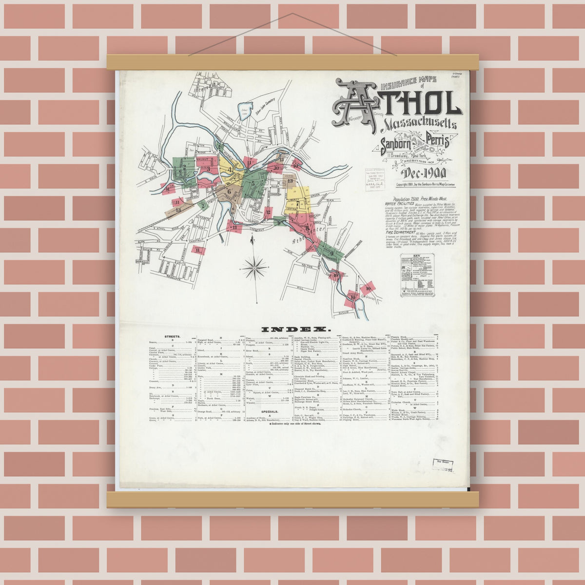 Old map wall art mockup — magnetic wood frame on brick wall — Sanborn Fire Insurance Map from Athol, Worcester County, Massachusetts (1900) - Complete Map Set