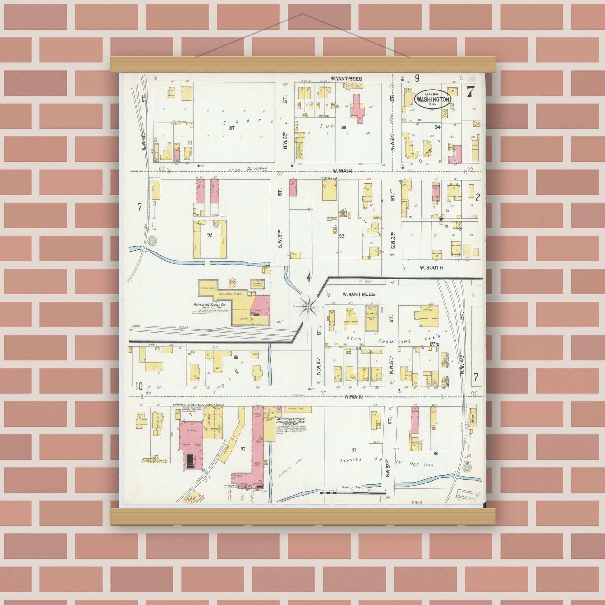 Old map wall art mockup — magnetic wood frame on brick wall — Sanborn Fire Insurance Map from Washington, Daviess County, Indiana (1902), Sheet #0007