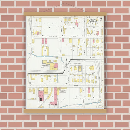 Old map wall art mockup — magnetic wood frame on brick wall — Sanborn Fire Insurance Map from Washington, Daviess County, Indiana (1902), Sheet #0007