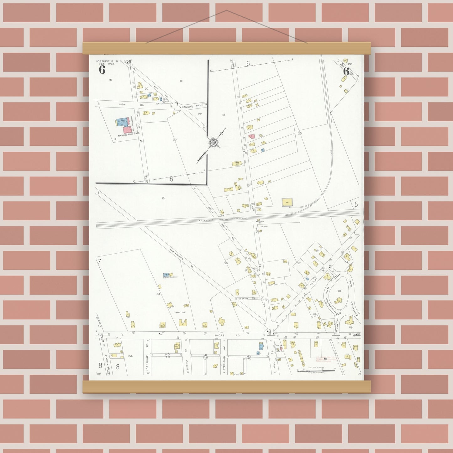 Old map wall art mockup — magnetic wood frame on brick wall — Sanborn Fire Insurance Map from Northfield, Atlantic County, New Jersey (1933), Sheet #0006