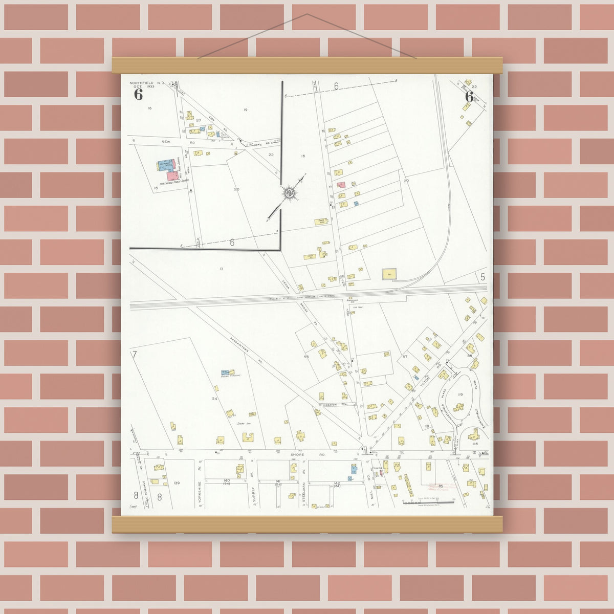 Old map wall art mockup — magnetic wood frame on brick wall — Sanborn Fire Insurance Map from Northfield, Atlantic County, New Jersey (1933), Sheet #0006