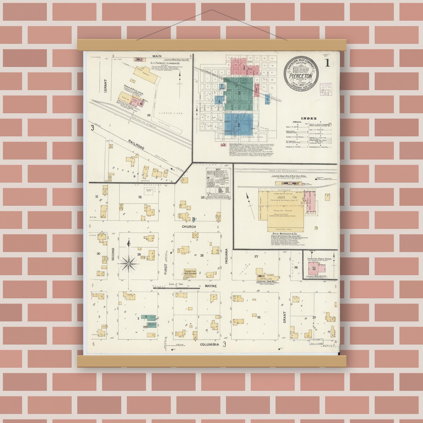 Old map wall art mockup — magnetic wood frame on brick wall — Sanborn Fire Insurance Map from Pierceton, Kosciusko County, Indiana (1907) - Complete Map Set