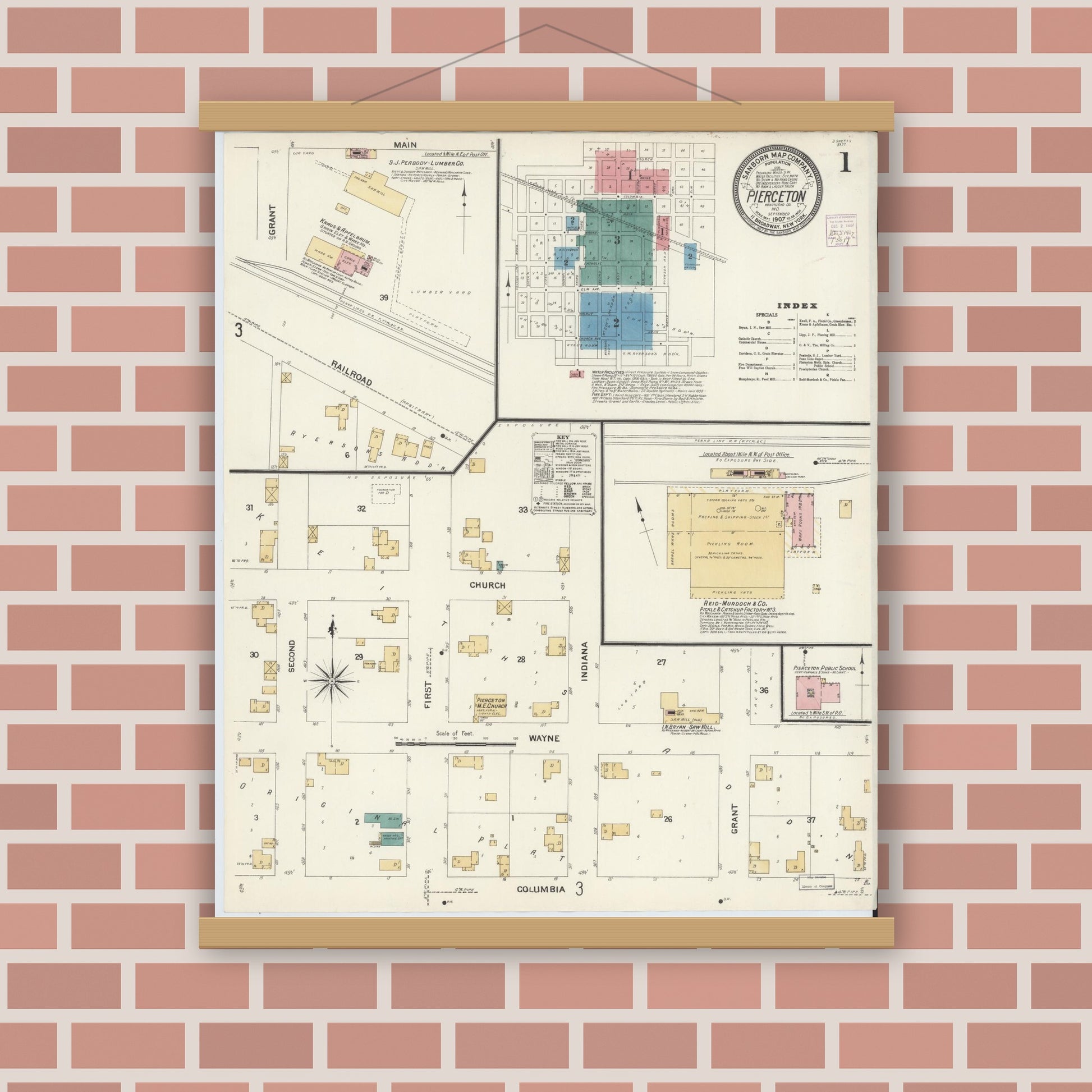 Old map wall art mockup — magnetic wood frame on brick wall — Sanborn Fire Insurance Map from Pierceton, Kosciusko County, Indiana (1907) - Complete Map Set