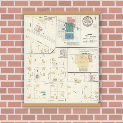 Old map wall art mockup — magnetic wood frame on brick wall — Sanborn Fire Insurance Map from Pierceton, Kosciusko County, Indiana (1907) - Complete Map Set