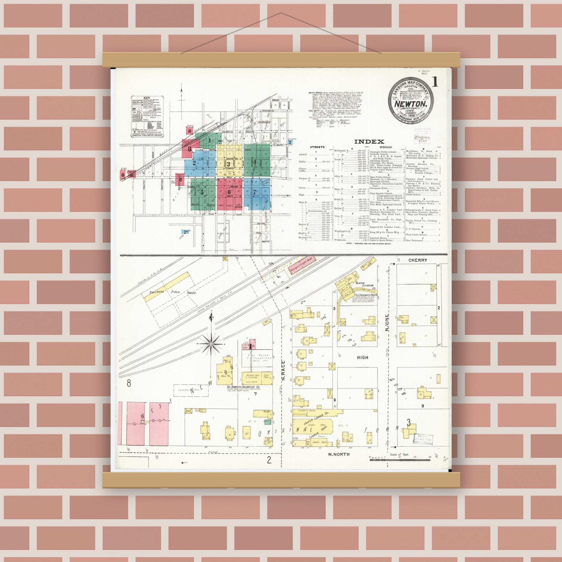 Old map wall art mockup — magnetic wood frame on brick wall — Sanborn Fire Insurance Map from Newton, Jasper County, Iowa (1906) â€” Complete Set