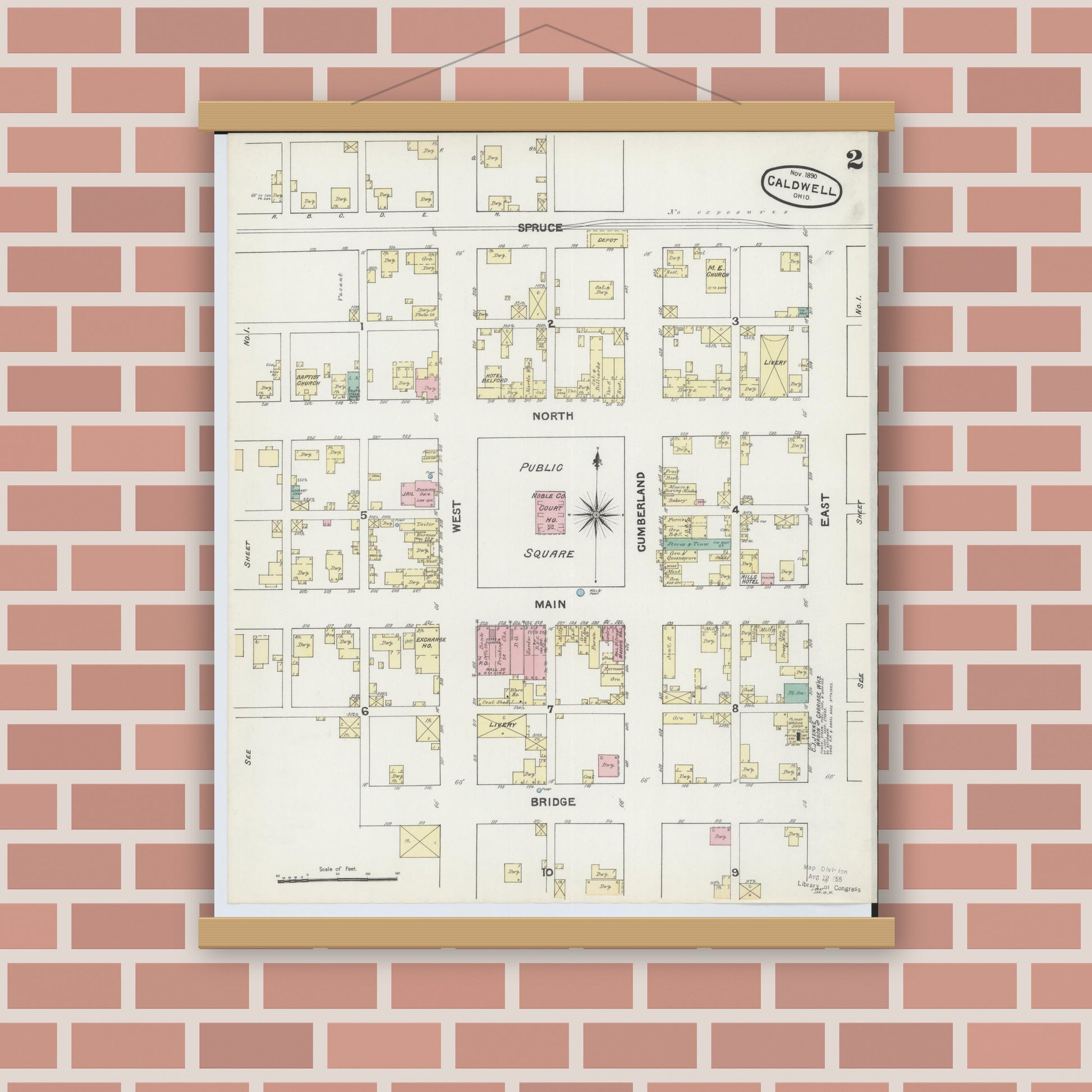 Old map wall art mockup — magnetic wood frame on brick wall — Sanborn Fire Insurance Map from Caldwell, Noble County, Ohio (1890), Sheet #0002