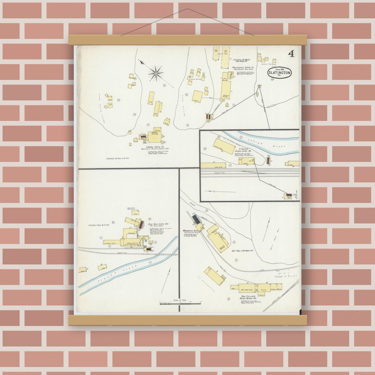Old map wall art mockup — magnetic wood frame on brick wall — Sanborn Fire Insurance Map from Slatington, Lehigh County, Pennsylvania (1896), Sheet #0004