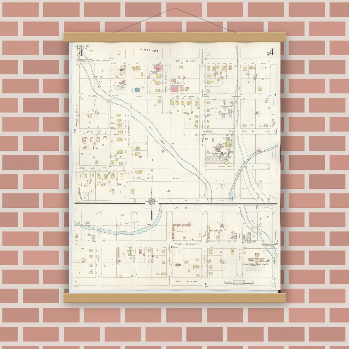 Old map wall art mockup — magnetic wood frame on brick wall — Sanborn Fire Insurance Map from Snyder, Scurry County, Texas (1942), Sheet #0004