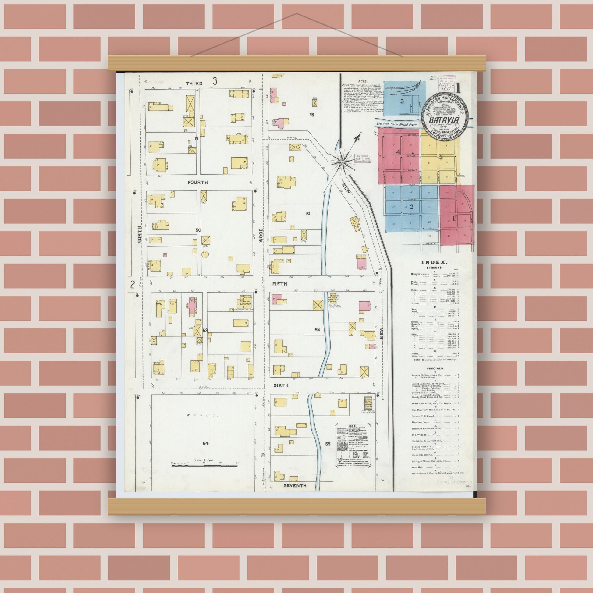 Old map wall art mockup — magnetic wood frame on brick wall — Sanborn Fire Insurance Map from Batavia, Clermont County, Ohio (1904), Sheet #0001