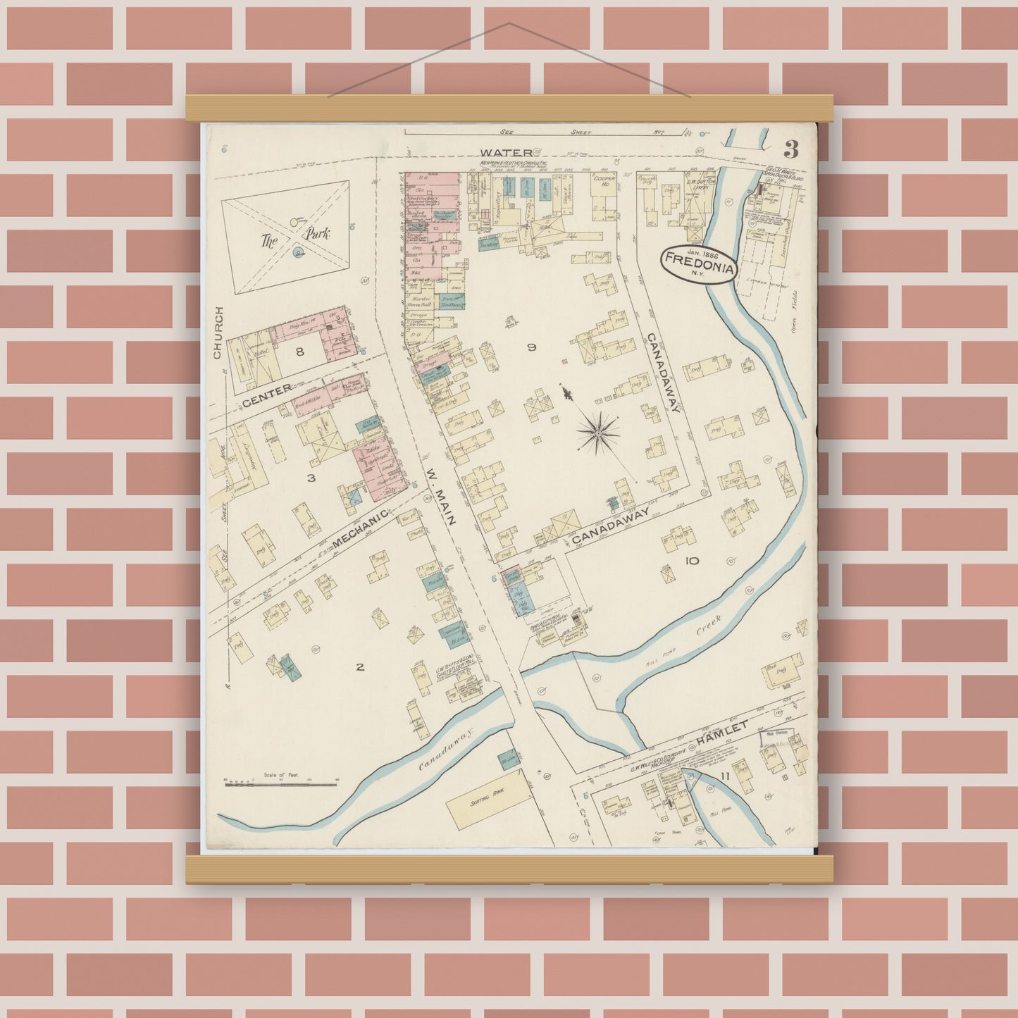 Old map wall art mockup — magnetic wood frame on brick wall — Sanborn Fire Insurance Map from Fredonia, Chautauqua County, New York (1886), Sheet #0003