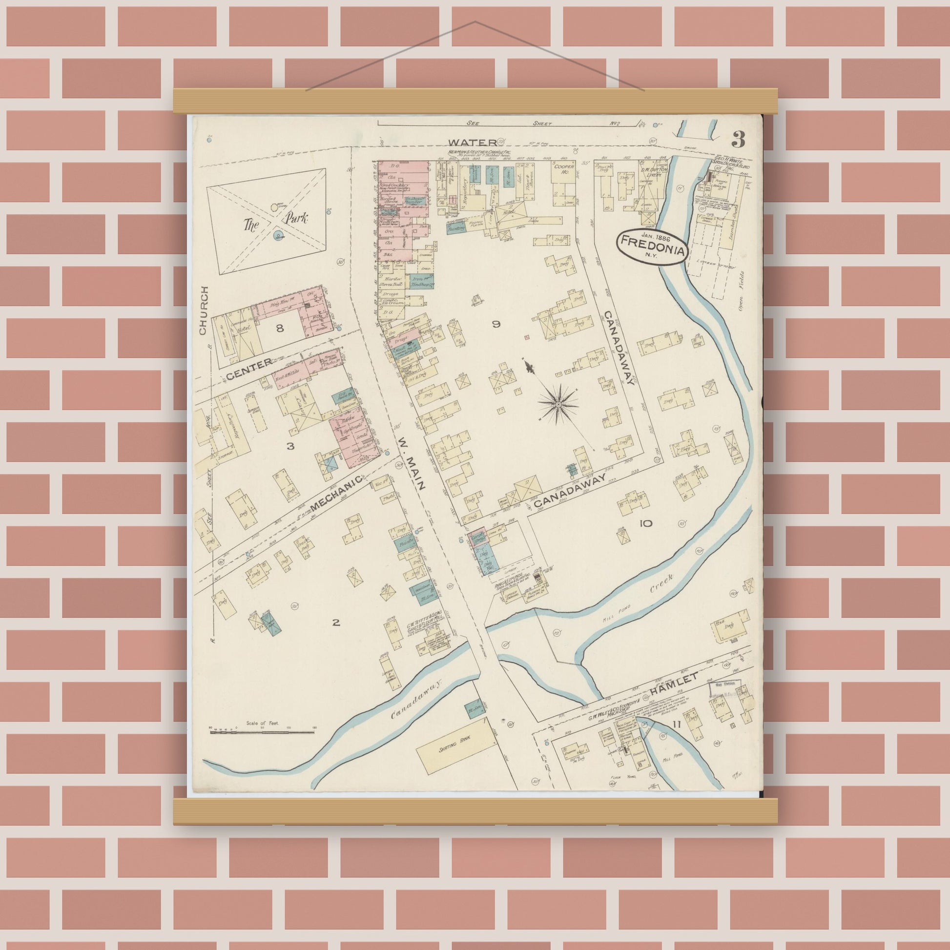 Old map wall art mockup — magnetic wood frame on brick wall — Sanborn Fire Insurance Map from Fredonia, Chautauqua County, New York (1886), Sheet #0003