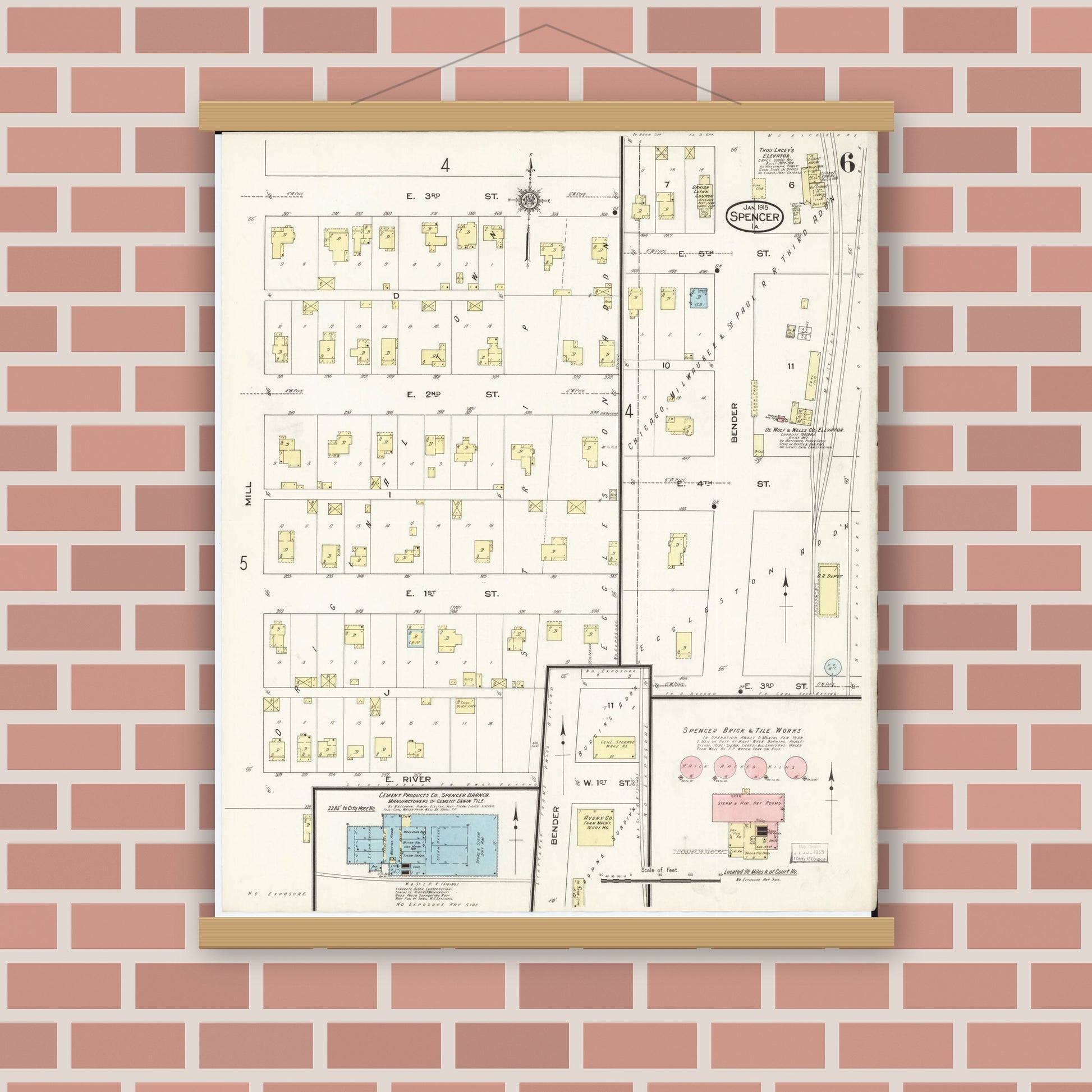 Old map wall art mockup — magnetic wood frame on brick wall — Sanborn Fire Insurance Map from Spencer, Clay County, Iowa (1915), Sheet #0006