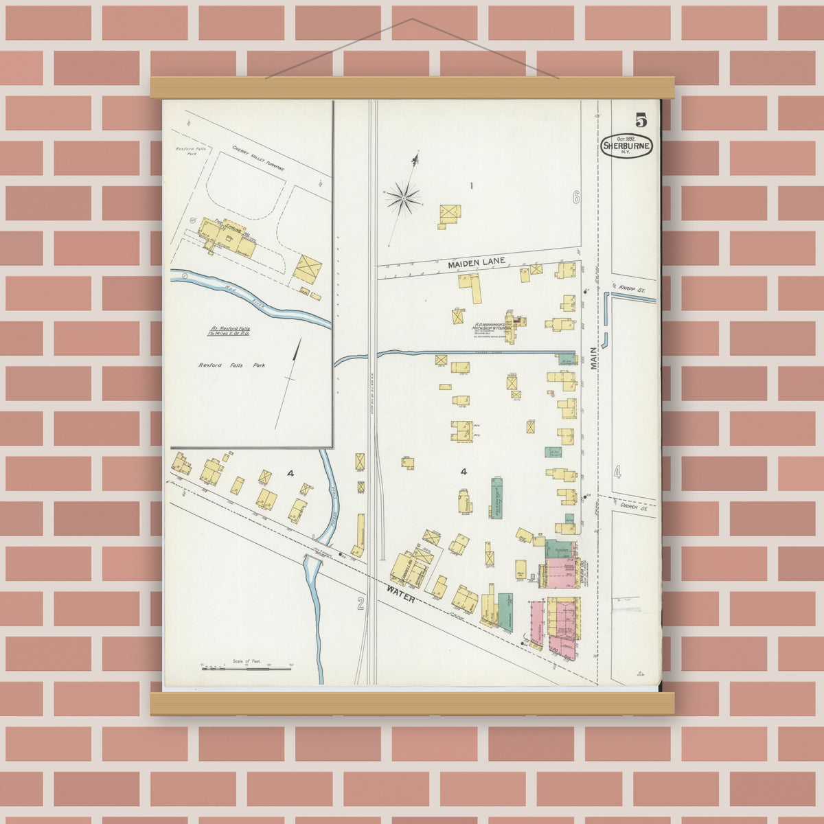 Old map wall art mockup — magnetic wood frame on brick wall — Sanborn Fire Insurance Map from Sherburne, Chenango County, New York (1892), Sheet #0005