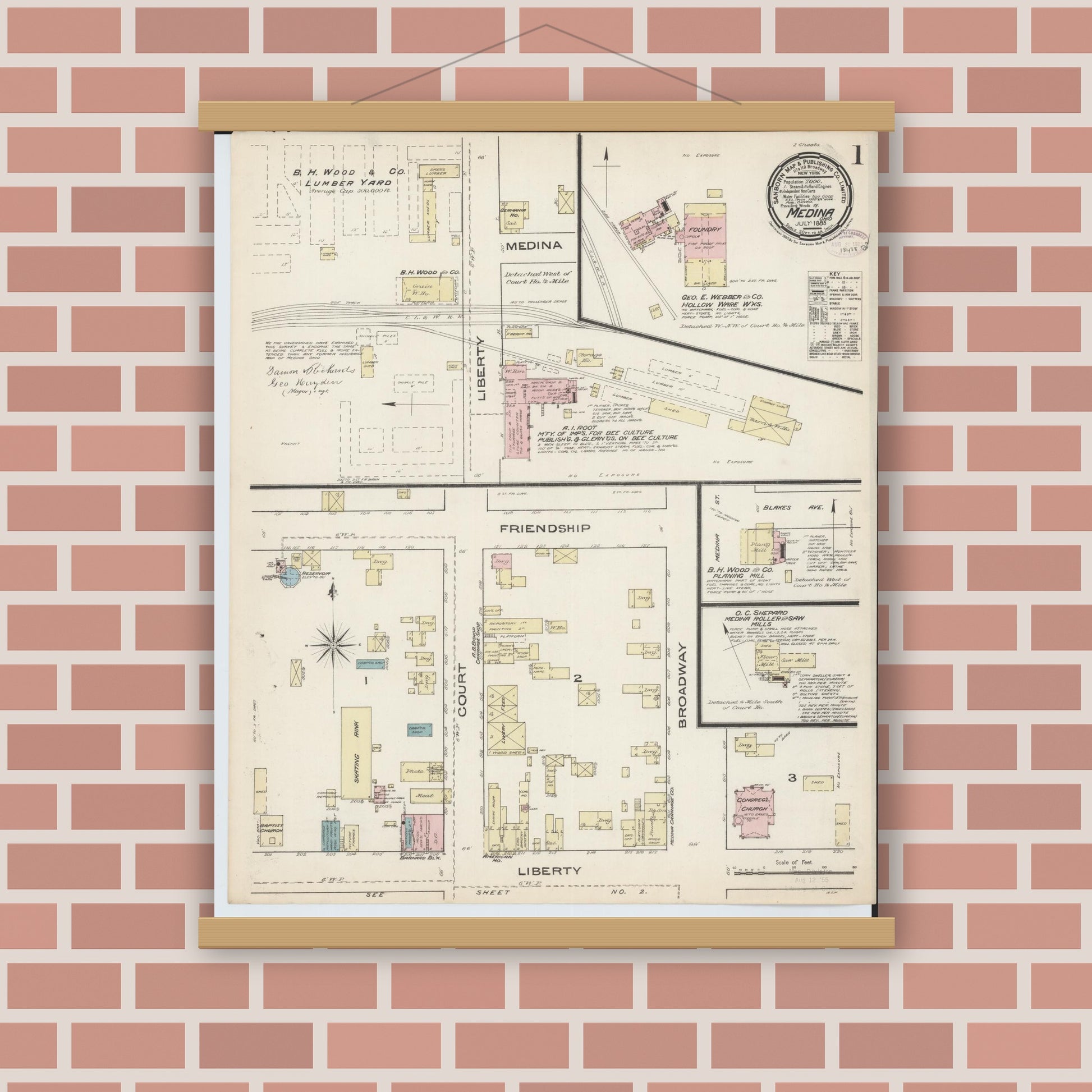 Old map wall art mockup — magnetic wood frame on brick wall — Sanborn Fire Insurance Map from Medina, Medina County, Ohio (1885) - Complete Map Set