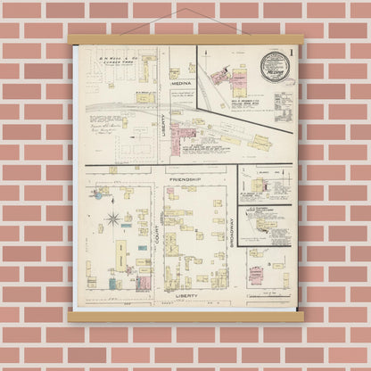 Old map wall art mockup — magnetic wood frame on brick wall — Sanborn Fire Insurance Map from Medina, Medina County, Ohio (1885) - Complete Map Set