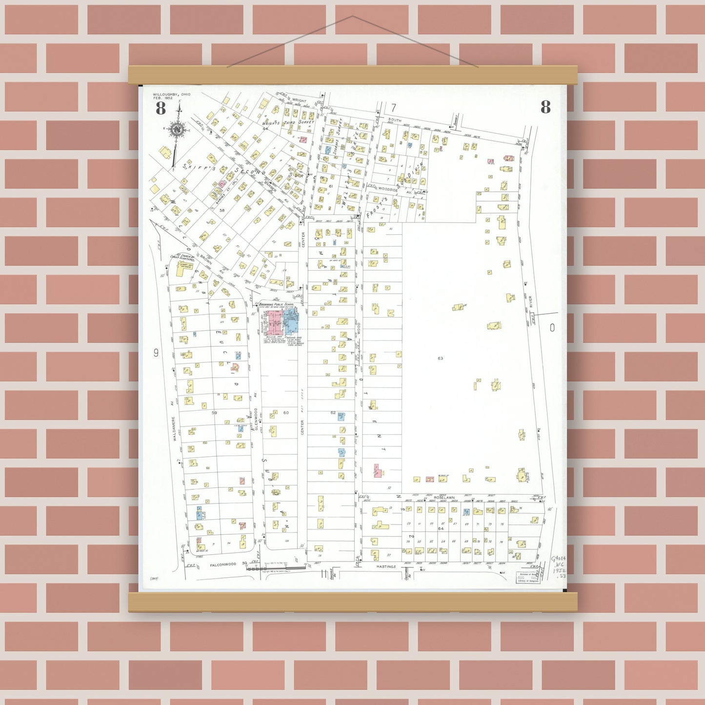 Old map wall art mockup — magnetic wood frame on brick wall — Sanborn Fire Insurance Map from Willoughby, Lake County, Ohio (1952), Sheet #0008