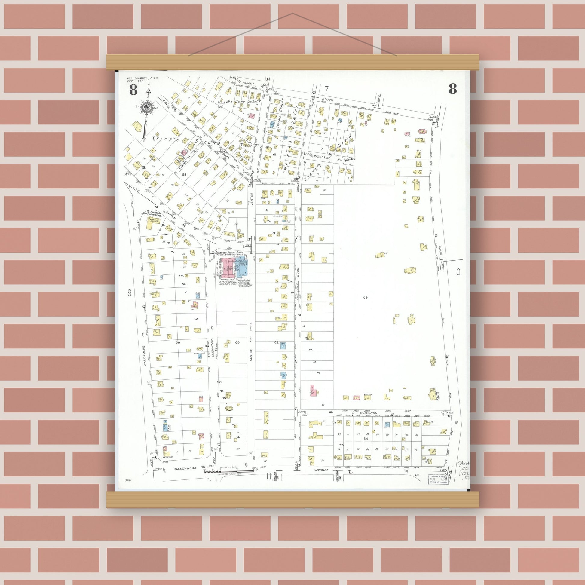 Old map wall art mockup — magnetic wood frame on brick wall — Sanborn Fire Insurance Map from Willoughby, Lake County, Ohio (1952), Sheet #0008