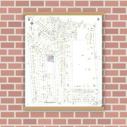 Old map wall art mockup — magnetic wood frame on brick wall — Sanborn Fire Insurance Map from Willoughby, Lake County, Ohio (1952), Sheet #0008