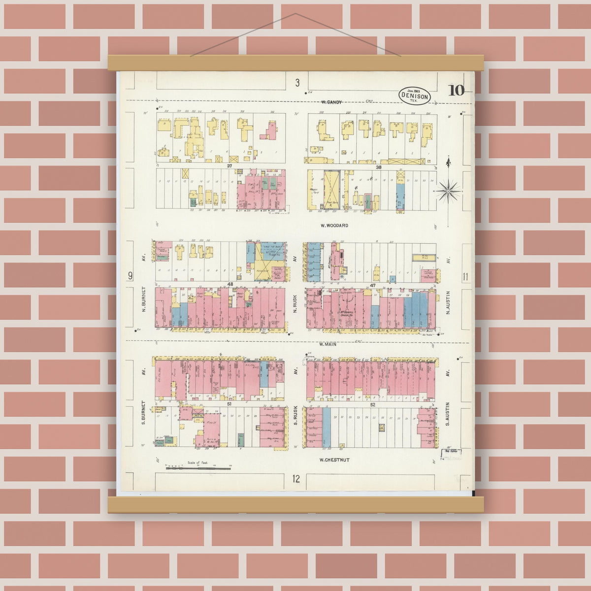 Old map wall art mockup — magnetic wood frame on brick wall — Sanborn Fire Insurance Map from Denison, Grayson County, Texas (1903), Sheet #0010
