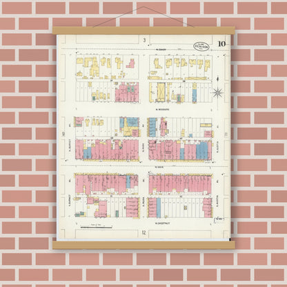 Old map wall art mockup — magnetic wood frame on brick wall — Sanborn Fire Insurance Map from Denison, Grayson County, Texas (1903), Sheet #0010