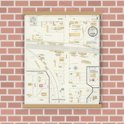 Old map wall art mockup — magnetic wood frame on brick wall — Sanborn Fire Insurance Map from Elmore, Faribault County, Minnesota (1899) - Complete Map Set