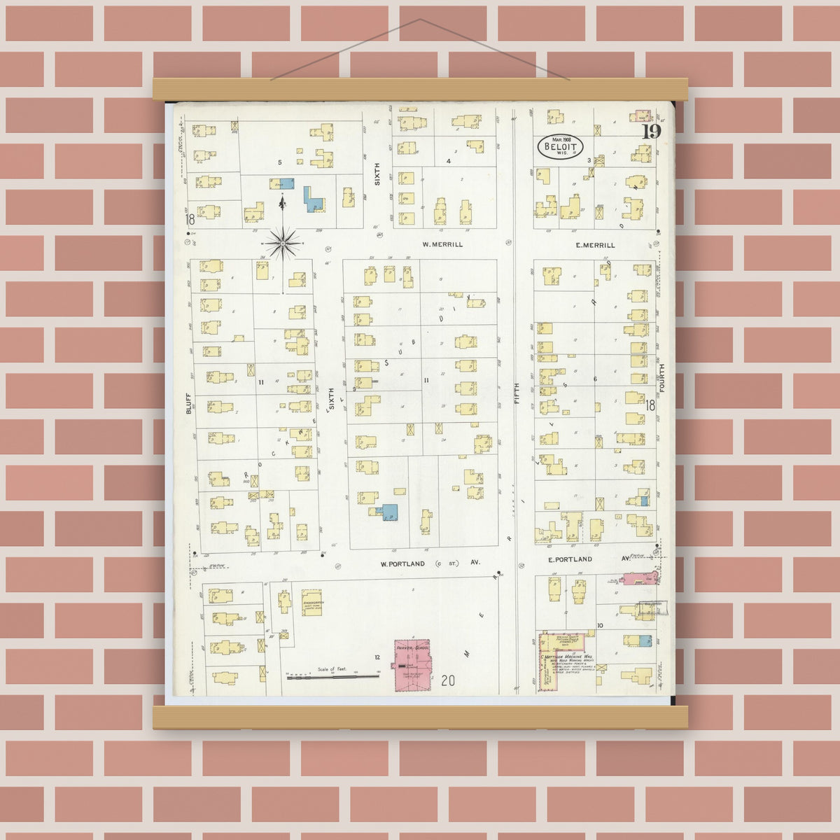 Old map wall art mockup — magnetic wood frame on brick wall — Sanborn Fire Insurance Map from Beloit, Rock County, Wisconsin (1908), Sheet #0019