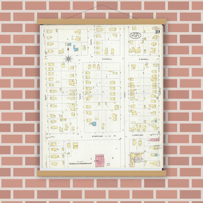 Old map wall art mockup — magnetic wood frame on brick wall — Sanborn Fire Insurance Map from Beloit, Rock County, Wisconsin (1908), Sheet #0019