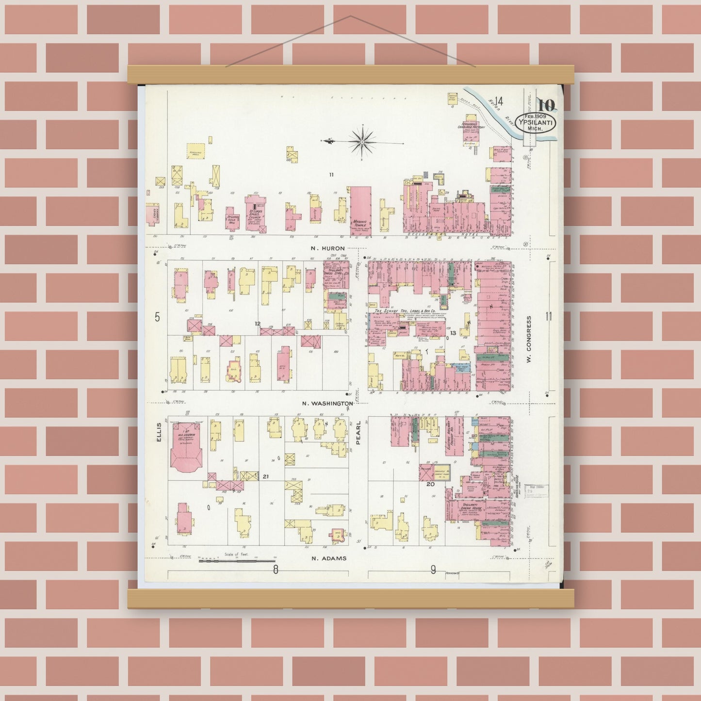 Old map wall art mockup — magnetic wood frame on brick wall — Sanborn Fire Insurance Map from Ypsilanti, Washtenaw County, Michigan (1909), Sheet #0010
