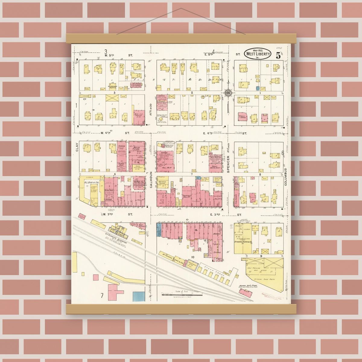 Old map wall art mockup — magnetic wood frame on brick wall — Sanborn Fire Insurance Map from West Liberty, Muscatine County, Iowa (1922), Sheet #0005
